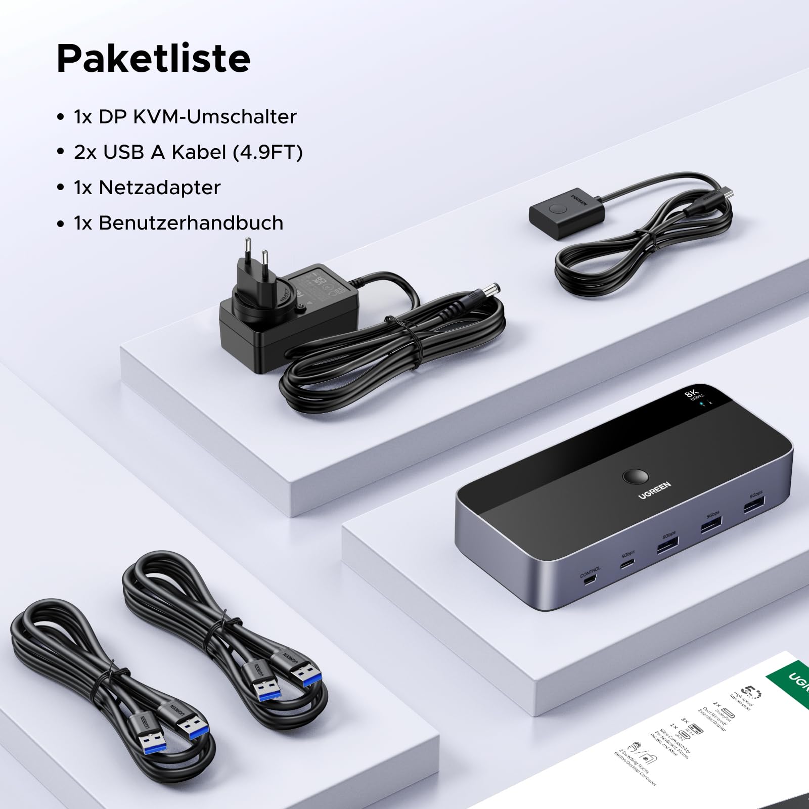 UGREEN Displayport KVM Switch 2 PC 2 Monitore 8K60Hz KVM Umschalter mit 4 USB 3.0 Ports Tastatur und Desktop-Controller Umschaltung Kompatibel mit Windows/Linux/MacOS usw. 8