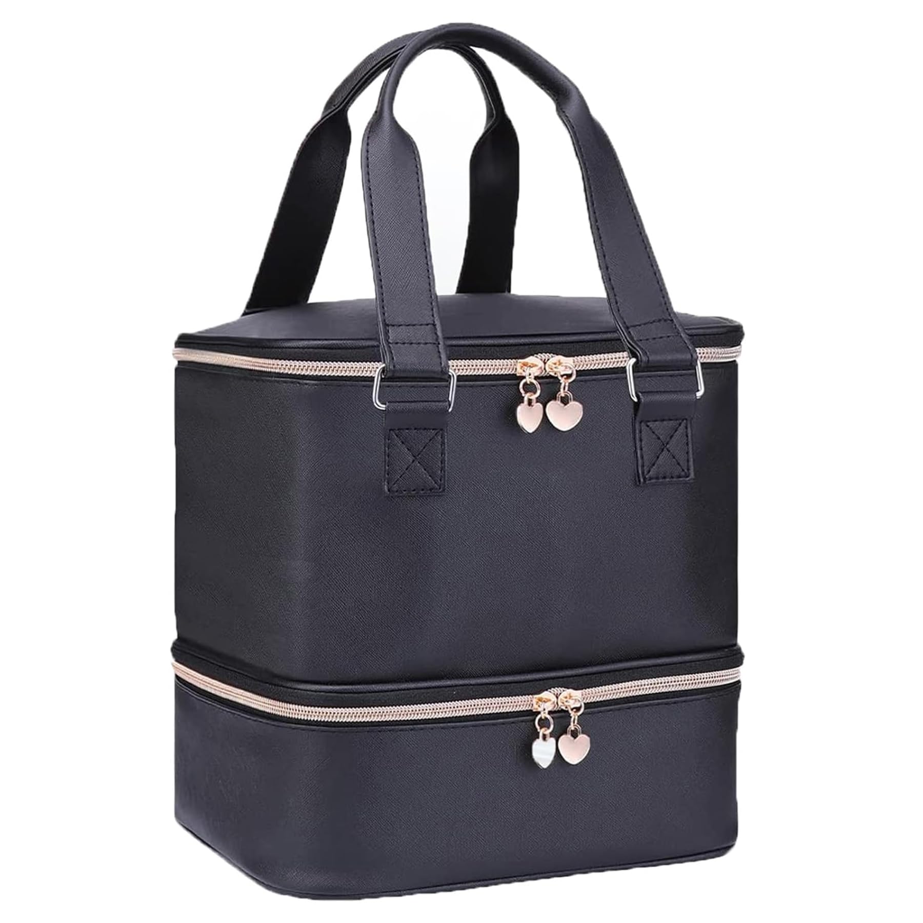 BYLife Black Large Makeup Bag, Nail Polish Organiser-Holds 30 Bottles Double-Layer Travel Storage Bags Waterproof PU Cosmetic Bag with Adjustable Dividers for Manicure Tools Storage