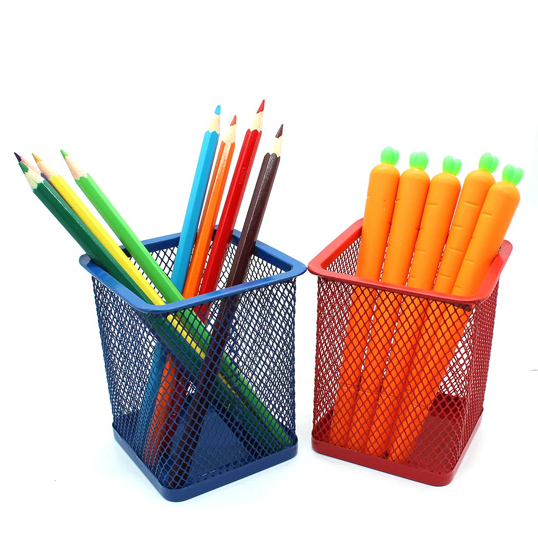 Gullor Square Desktop Pencil Holder, Office Supplies Desk Organizer Makeup Brush Holder, Set of 2, Blue and Red