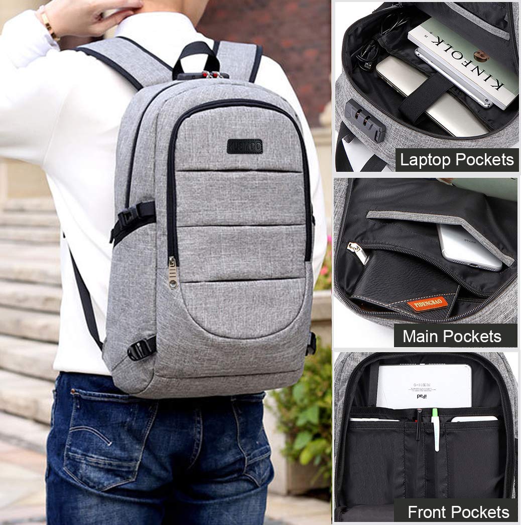 Laptop Backpack Business Travel Computer Backpack Anti Theft Waterproof Bag with USB Charging Port & Headphone Interface for College School Students Women and Men Fits for 15.6 Inch Laptop … (Grey)