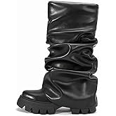 LISHAN Women's Platform Heel Metallic Fold Over Pull on Shark Ruched Boots