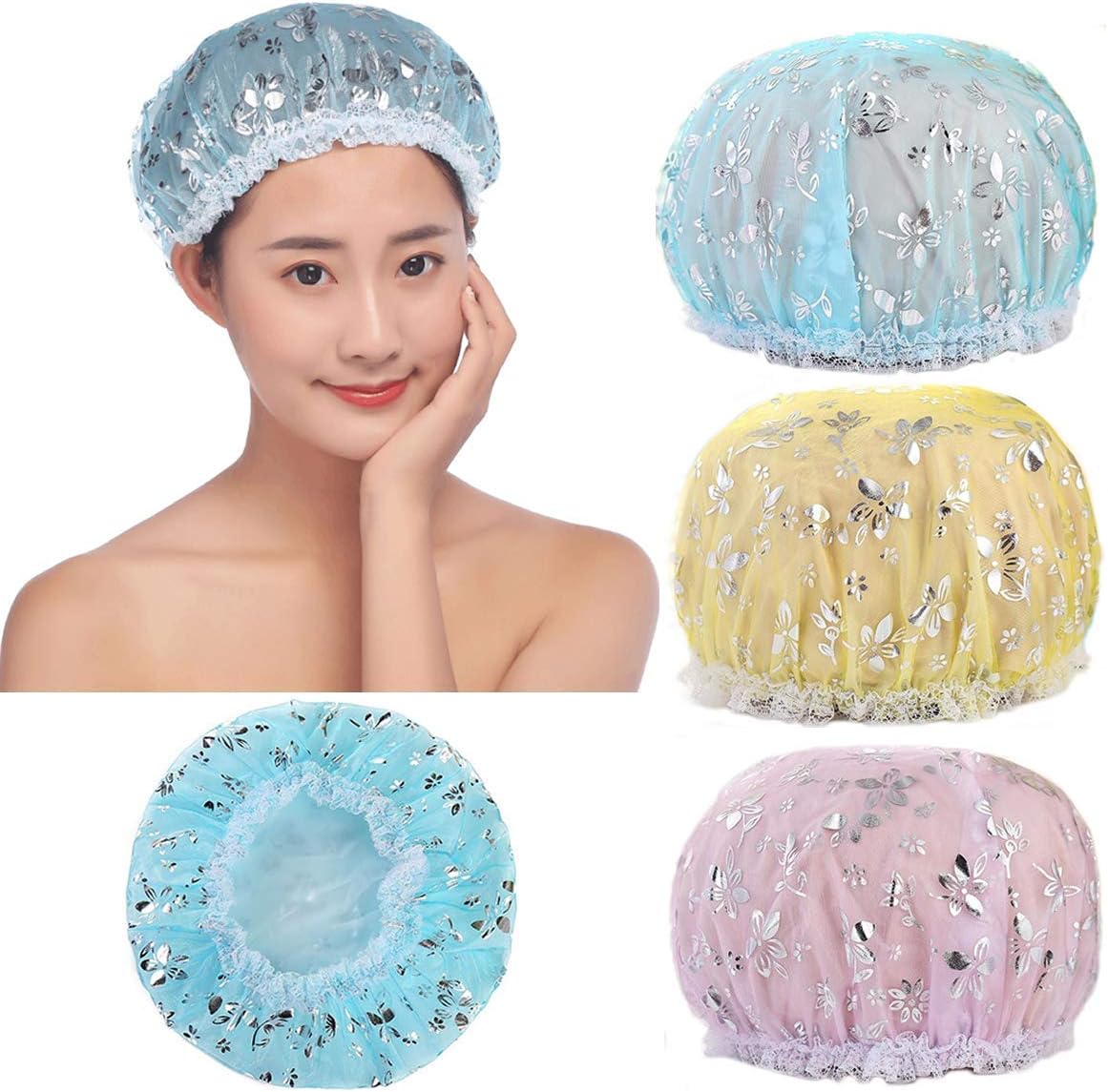 Dusenly 4pcs Waterproof Shower Cap Reusable EVA Plastic Lace Elastic Band Flower Printed Hat Hair Bath Caps Shower Caps