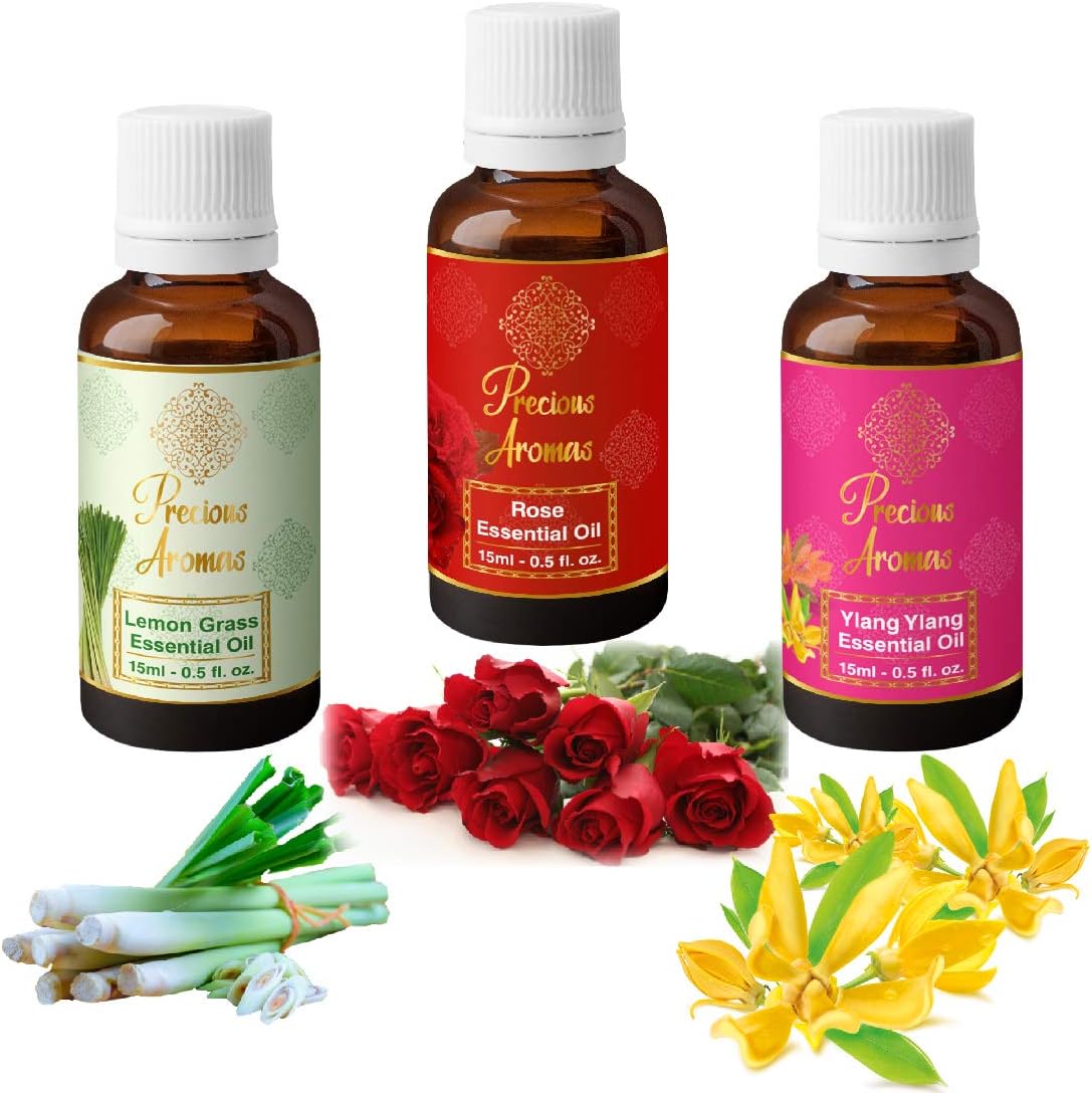 Precious Aromas Essential Oil Pack of 3, 100% Natural and Therapeutic Grade (Lemongrass Rose Ylang Ylang)