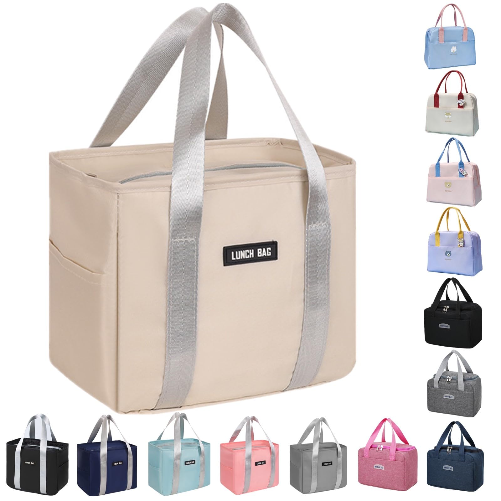 WUWYOUWL Lunch Bag, Cute Carton Insulated Lunch Box, Reusable Lunch Cooler Bags Waterproof Lunchbag Foldable Lunch Bag for Women, Men, Kids and Students Travel Picnic School (Beige-1)