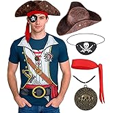 VillbeCoser 5Pcs Pirate Costume Men Anime Captain Shirt Pirates Hat Skull Necklace Head Scarf Eye Patches Cosplay Party