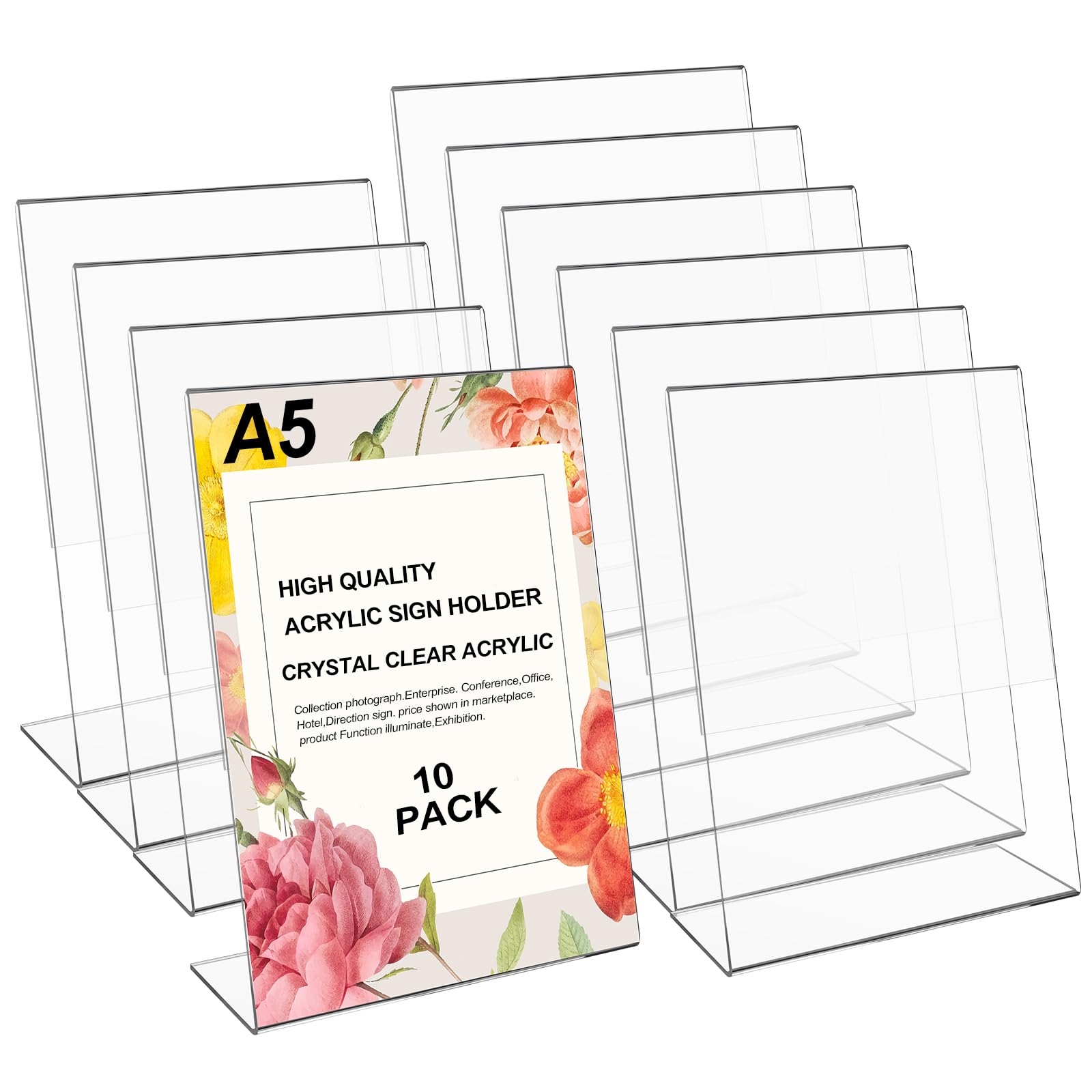 CCCYMM 10 Pcs A5 Acrylic Sign Holder Clear Picture Frame Photo Sign Slanted Back Brochure Display Stand Transparent Flyer Holder for Office Desktop Restaurant, 6 x 8 Inch (Vertical)