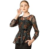 Allegra K Women's Elegant Tie Waist Long Sleeve Top Lace Peplum Blouses
