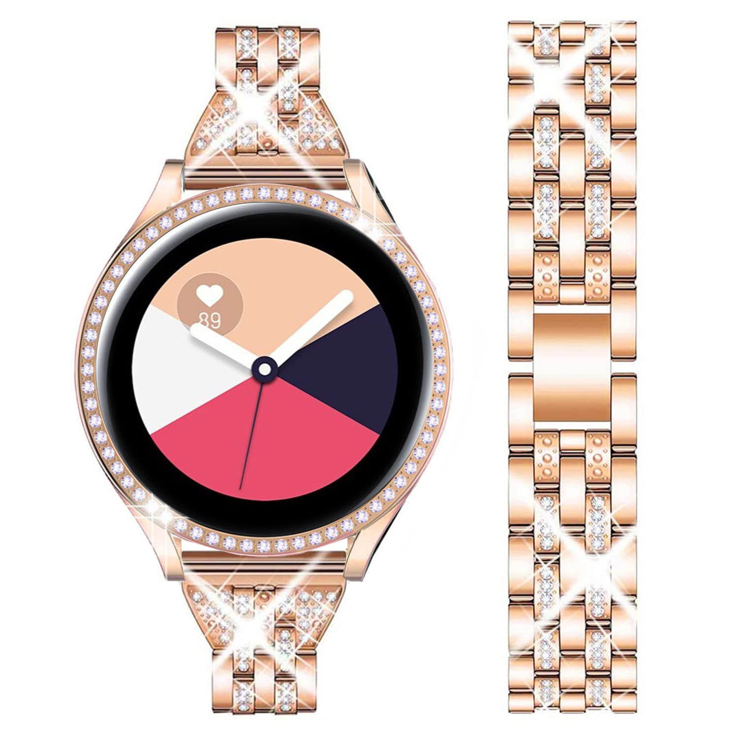 DEALELE Strap Compatible with Samsung Galaxy Watch Active (40mm), 20mm Luxury Rhinestone Diamond Metal Steel Bracelet with Protective Case Cover Replacement for Women Men, Rose gold