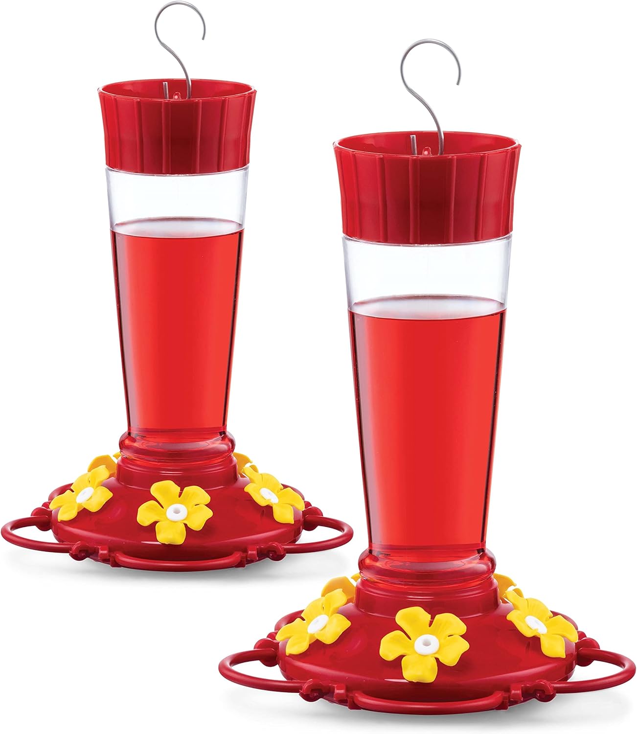 Backyard Birding & Wildlife - Hummingbird Feeder 10 oz [Set of 2] Plastic Hummingbird Feeders for Outdoors, with Built-in Ant Guard - Circular Perch with 5 Feeding Ports - Wide Mouth for Easy Filling/2 Part Base for Easy Cleaning