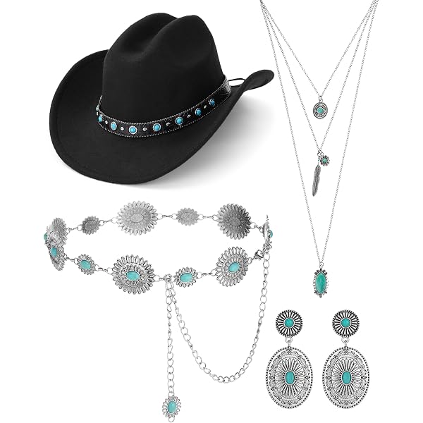 Western Cowboy Hat Set with Silver Jewelry and Turquoise Belt, Adjustable Fit Amazon.com: Geiserailie 7 Pieces Western Jewelry Set Cowboy  main image 2