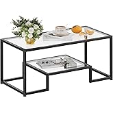 Wolawu Coffee Table Black Glass Coffee Table for Living Room,2 Tiers Rectangle Center Table with Sturdy Metal Frame,Modern Tempered Glass Accent Table for Bedroom Home Office