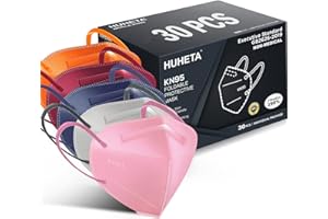 HUHETA KN95 Face Mask, 30 Pack Individually Wrapped, 5-Ply Breathable and Comfortable Safety Mask, Filter Efficiency Over 95%, Protective Cup Dust Masks Against PM2.5 (Multicolored Mask)
