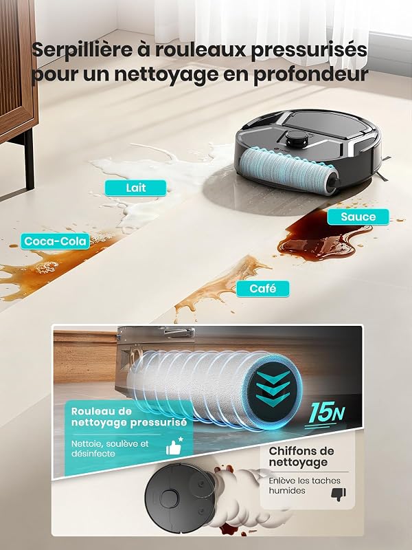 M210 Pro Omni 28cm Mini Rouleau Robot Aspirateur Laveur, 20000Pa