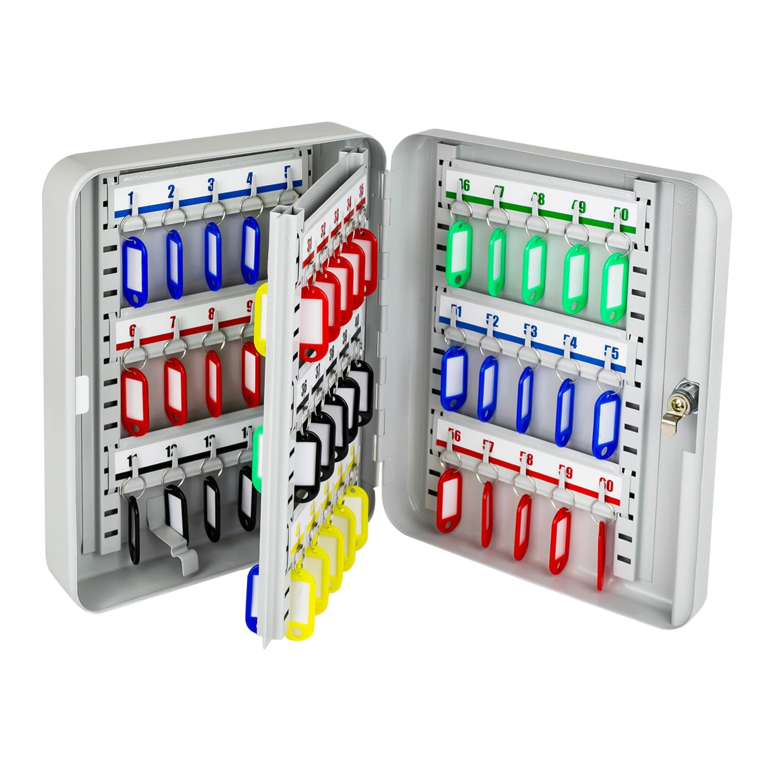 HMF 13060-07 Lockable Key Cabinet, Large Key Cabinet, 60 Hooks, 30 x 24 x 7.5 cm, Light Grey