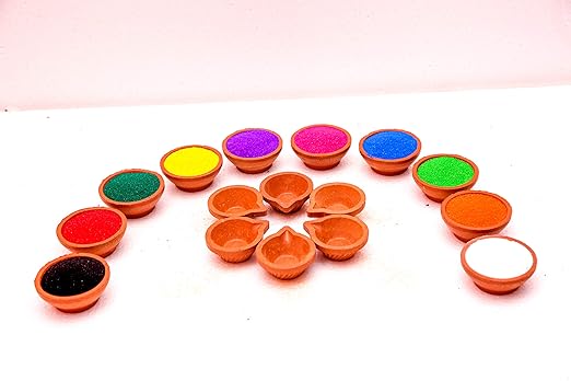 Bhagya Laxmi Handmade Clay Diya for Diwali Navratri | Clay Diya for Puja Decoration | Rangoli Colour Powder for Rangoli Occasion Navratri Pongal Decoration (06 Diyas + 10 Colors)