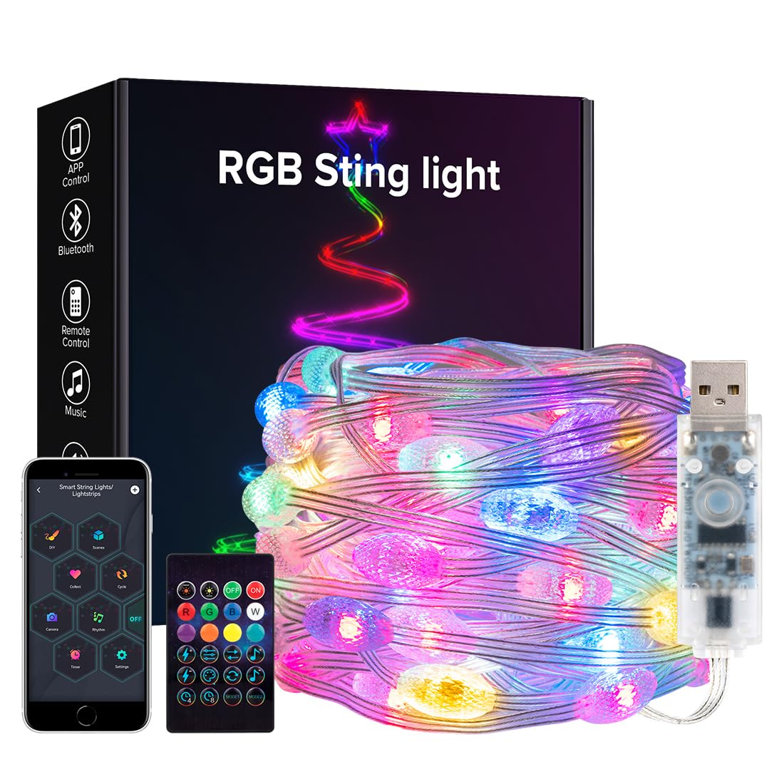 BTF-LIGHTING RGB IC Intelligent String Lights 5M 33LEDs Transparent Cable Transparent Rugby USB LED Light IP65 Waterproof with IR Remote Control Music Mode Timer Tracking Effect for Home Decoration