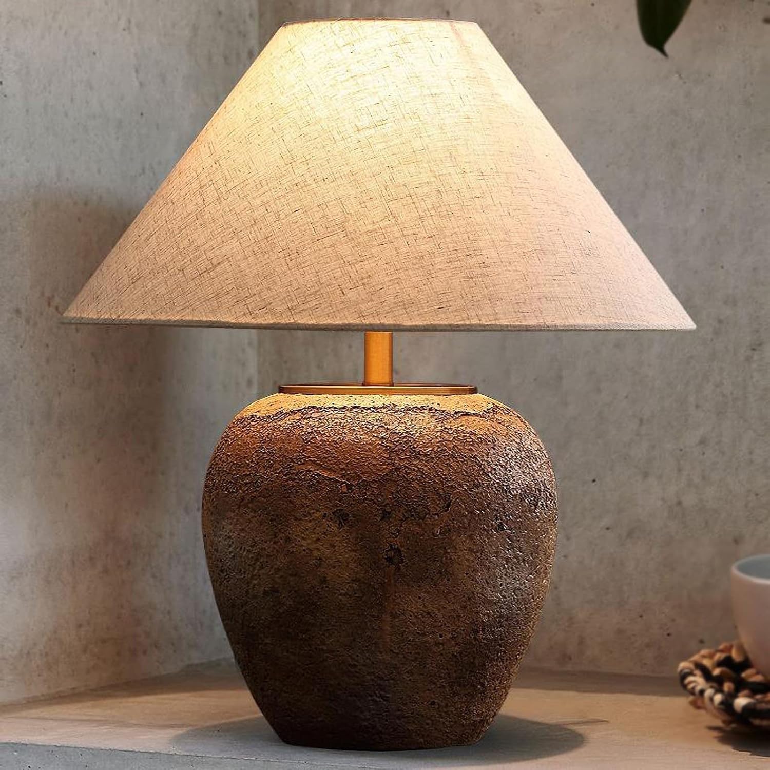 Photo 1 of Rustic Farmhouse Clay Pot Table Lamps 19.6" Tall Ceramic Table Lamp, American Southwestern Textured Ceramic Lamp Body with White Textured Shade Bedside Table Lamp for Living Room Bedroom Office