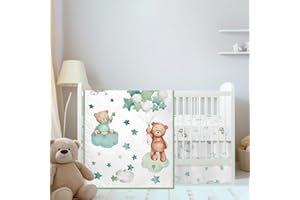 Mixweer 3 Pcs Crib Bedding Set for Boys Include Cloud Balloon Bear Theme Crib Sheets, Crib Skirt, Comforter for Boys Girls Baby Nursery Mini Crib Bedding Set