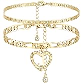 YANODA Initial Ankle Bracelets for Women 14K Gold Plated Layered Figaro Chain Letter Initial Anklets Handmade Layered Heart Ankle Bracelets Personalized Jewelry for Women