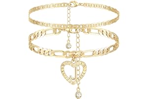 YANODA Initial Ankle Bracelets for Women 14K Gold Plated Layered Figaro Chain Letter Initial Anklets Handmade Layered Heart Ankle Bracelets Personalized Jewelry for Women