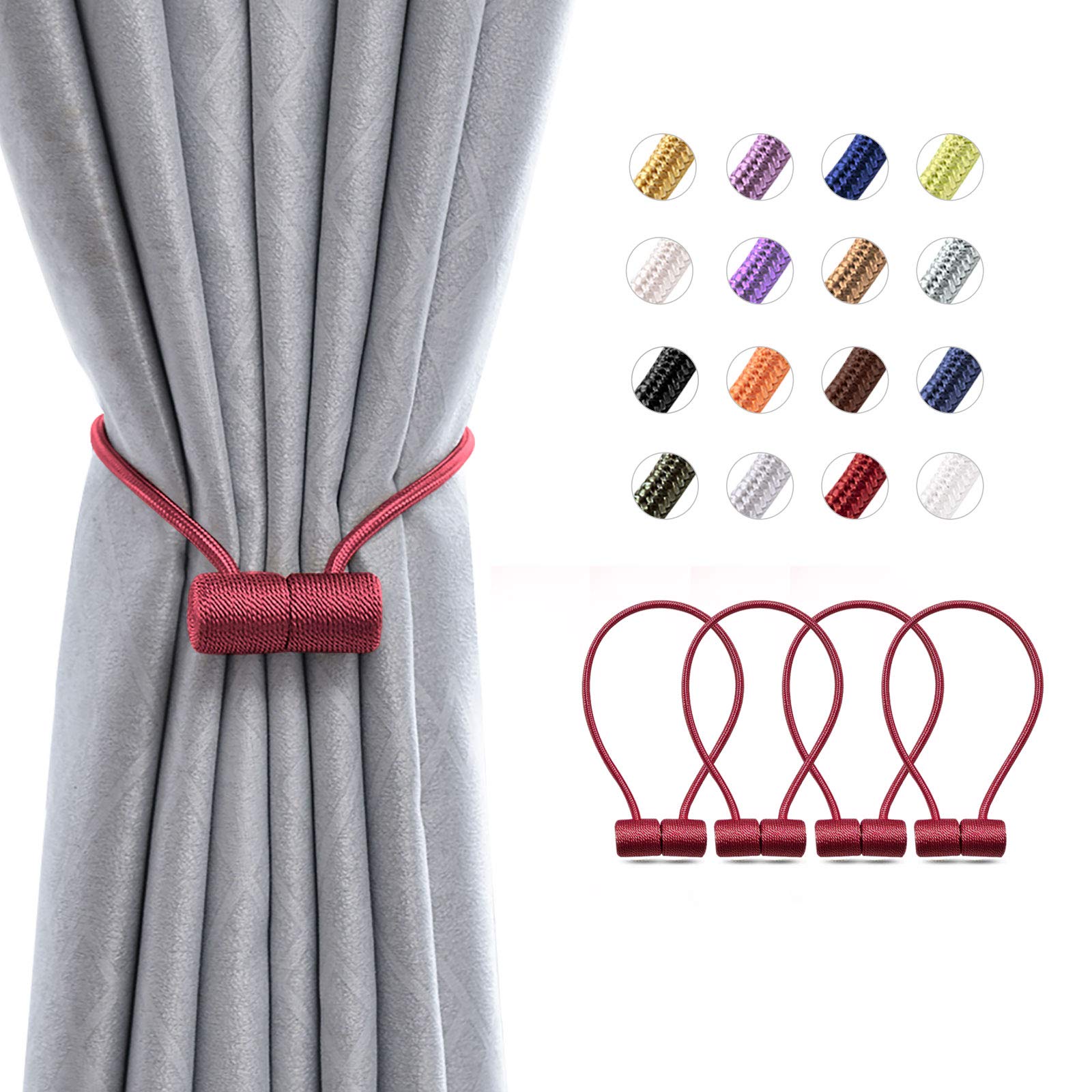 Pretty Jolly 4 Pack Magnetic Curtain Tiebacks 16 Inch Modern Handmade Weave Rope Curtain Holdbacks Convenient Decorative Curtain Drape Tie Backs for Home and Office Window Drapery (Wine Red)