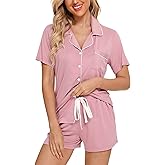 Samring Womens Pajamas Set Short Sleeve Sleepwear Button Down Nightwear Shorts Soft Pj Sets S-XXL
