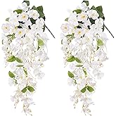 Artificial Hibiscus Fake Hanging Flowers Plants for Outdoor Spring Summer Decoration, 2pcs White Silk Hibiscus Long Trailing Vines UV Resistant Realistic Faux Flower for Outside Front Door Porch Patio