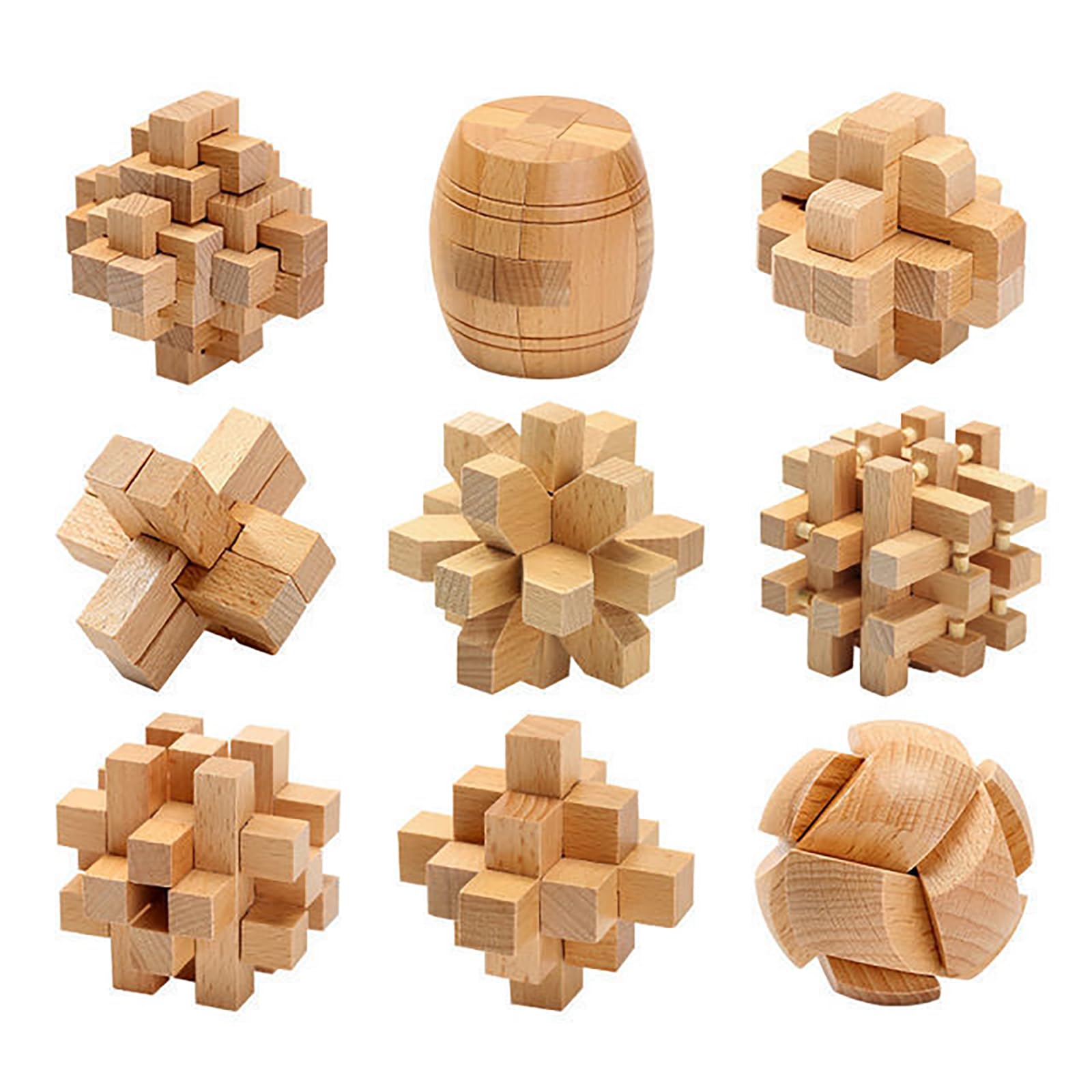 Holzsammlung Set of 9 3D Wooden Brain Teaser Puzzles, IQ Challenge Puzzle Games, Small Logic Mind Puzzle Box Toy Removing Assembling Lock Puzzle Gift Set for Adults Teenagers Kids, 2.7inch 7cm