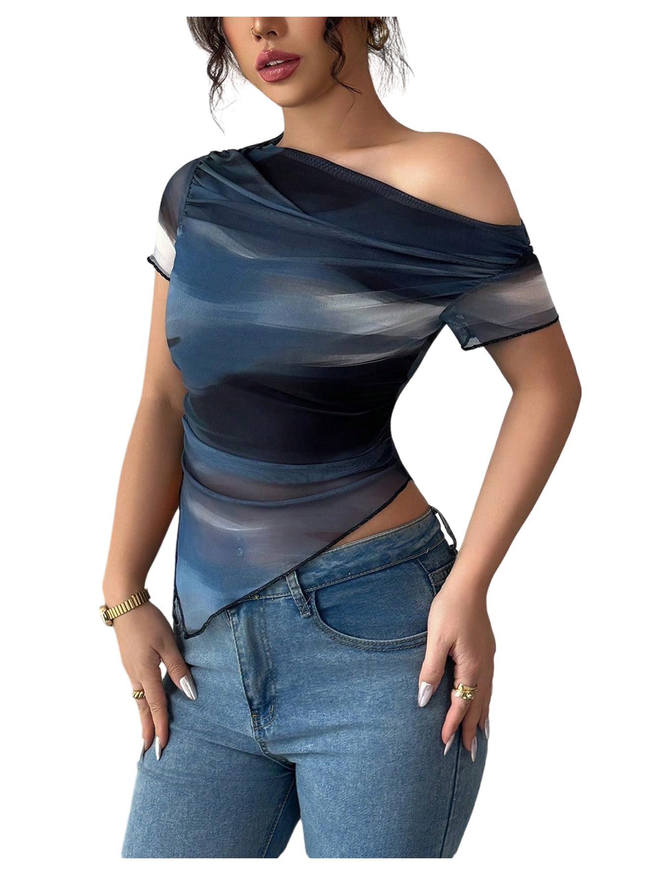 Photo 1 of SOLY HUX Women's Tie Dye Mesh T Shirt Off The Shoulder Short Sleeve Ruched Tee Asymmetrical Hem Fitted Tops Blue Tie Dye Large