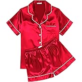 Ekouaer Womens Silk Satin Pajama Sets Soft Short Sleeve Button Down Sleepwear Top and Shorts 2 Piece Pjs Lounge Set