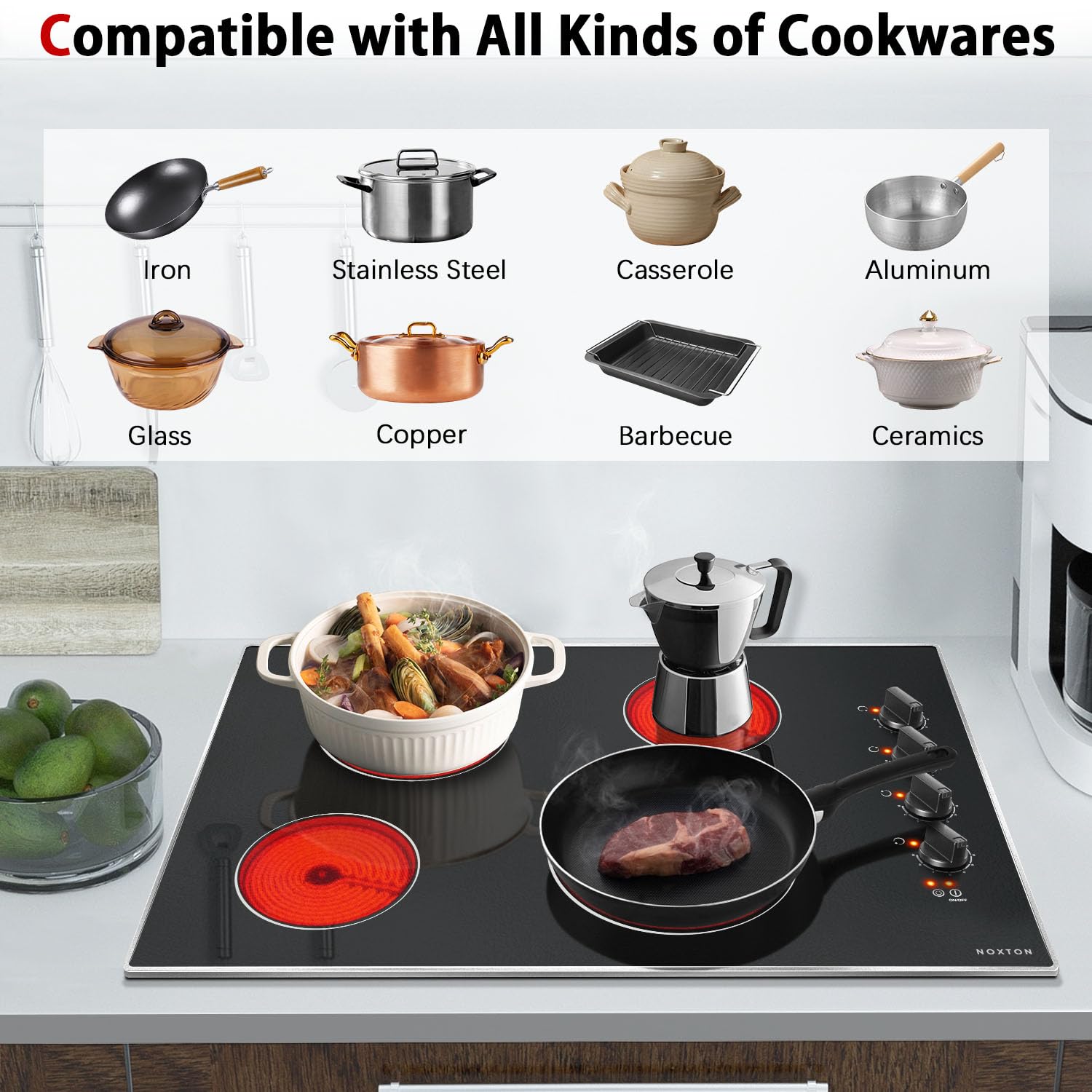 Noxton 30 Inch 4 Burners Electric Cooktop, Built-in 30