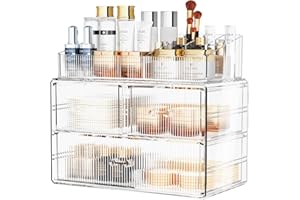ZHIAI Clear Makeup Organizer for Vanity - Organize Your Beauty Essentials with Make Up Organizers and Storage, Multi-Purpose Bathroom Organizer Jewelry Holder Organizer, (1 Top 3 Drawers,)