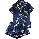WDIRARA Women's Leopard Satin Pajama Set Short Sleeve Button Down Shorts Pj Set 2 Piece Sleepwear