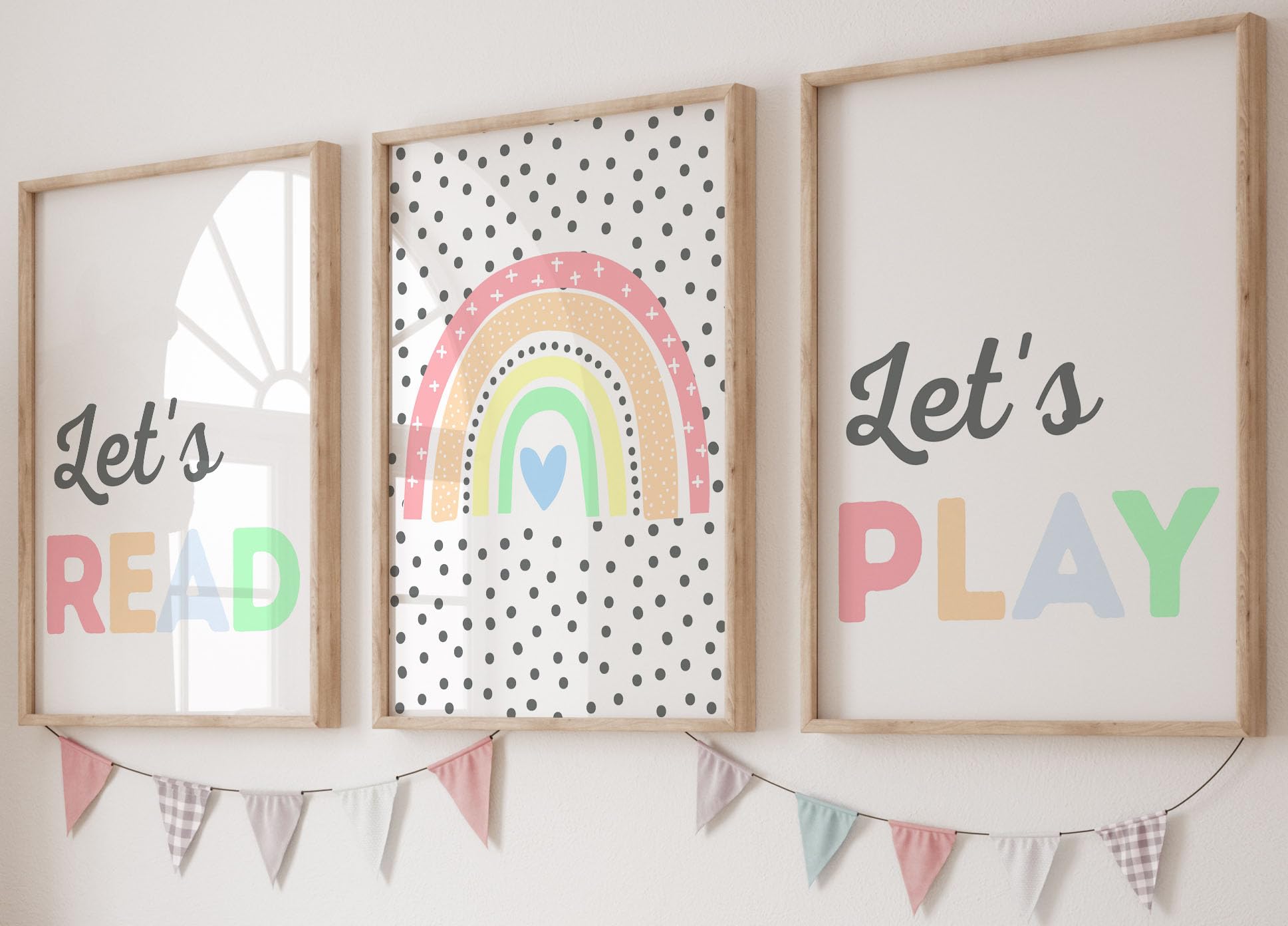 Rainbow Lets Read Lets Play Set of 3 Unframed Poster Prints For Boy Girl Bedroom Nursery Playroom, Rainbow Theme Room Decor, (A3)
