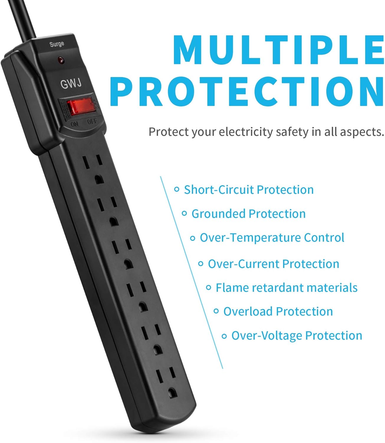 GWJ 6-Outlet Surge Protector Power Strip, 4-Foot Cord, Overload Protection, 200 Joule, Black-2 Pack: Electronics
