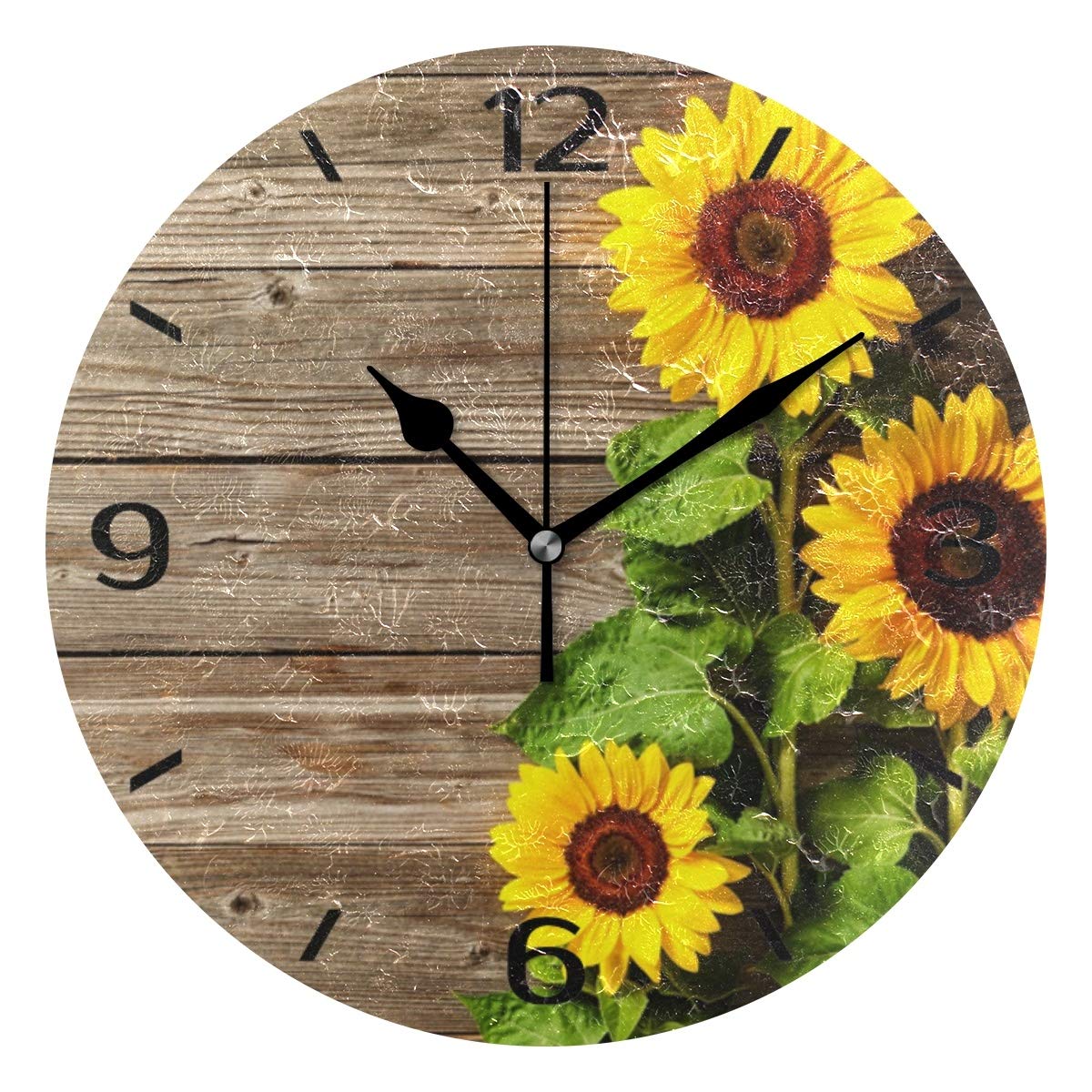 ALAZA 25cm Silent Round Wall Clock, Floral Sunflowers On Wooden Board Non Ticking Clock for Living Room Kitchen Bedroom Office Decorative with Desktop Stand