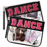 RolenBox 2PCS Dance Makeup Bag Ballet Competition Accessories Chenille Letter Preppy Patch Cosmetic Bag Flat Clear Toiletry Waterproof Zipper Pouch for Women Teacher Appreciation Gifts (Black)