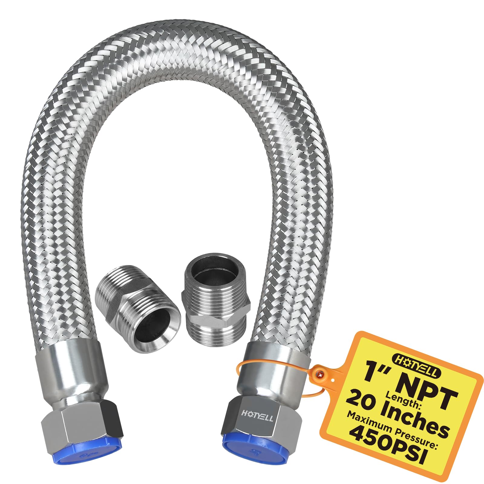 Photo 1 of HOTYELL 1 Inch NPT Male Compressor Jumper Hose 20", 750°F/450 PSI Full Body 304 Stainless Steel Double Layers Air Hose with 360° Swivel Fittings (1'' NPT x 20" Length)