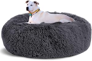 Lasaas Calming Dog Bed Donut Dog Bed for Small, Medium, Large Dogs Anti-Anxiety Cuddler Dog Bed & Cat Bed Faux Fur Washable Dog Bed Dark Grey L 36''