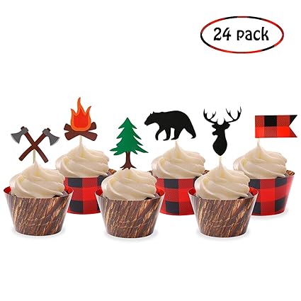 Amazon Com Camping Cupcake Toppers Wood Grain Buffalo Plaid