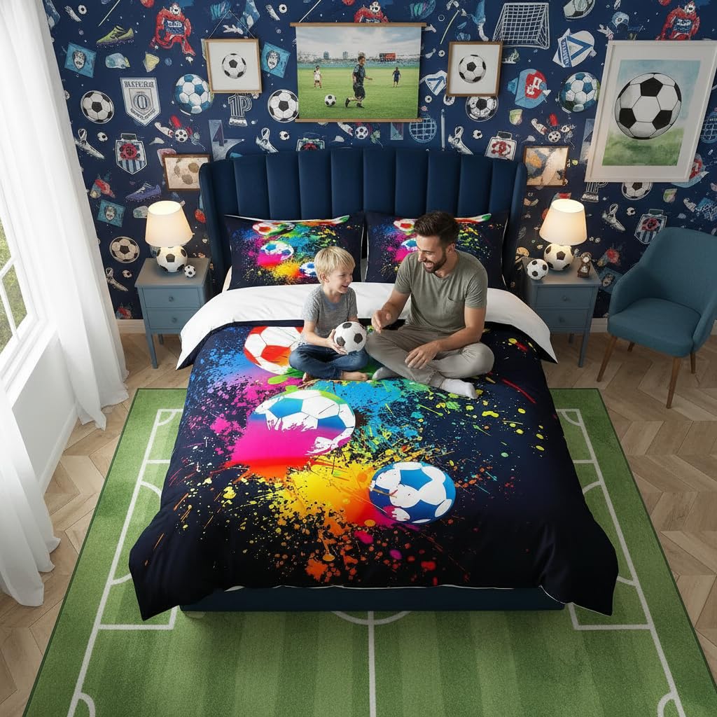 Loussiesd Sport Bedding Set for Girls Boys Children Kids Football Bedding & Linen Sports Games Duvet Cover Set Bright Vibrant Soccer Ball Bedspread Cover Single Size Bedding Collection — image 1