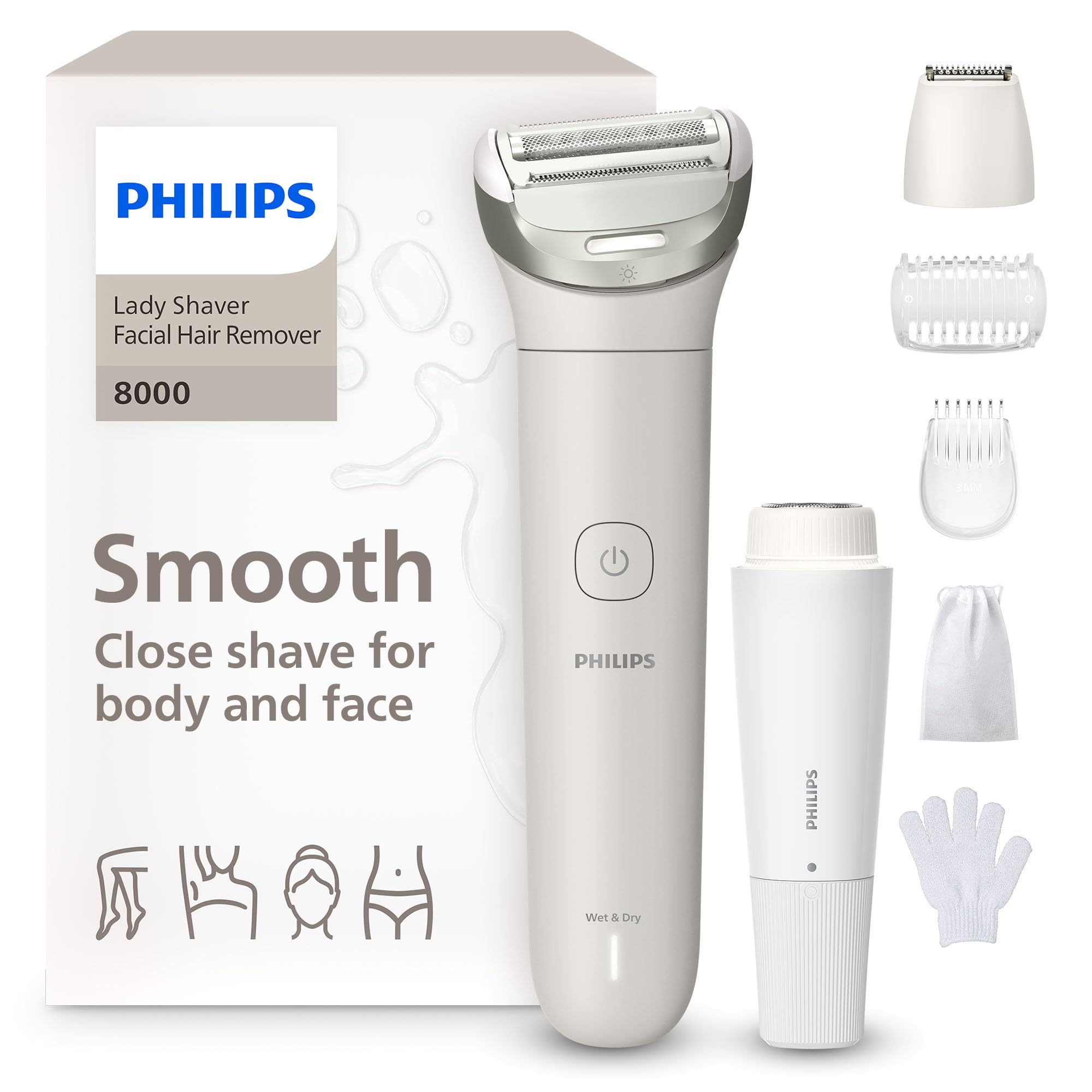 Philips Lady Shaver Series 8000 - kabelloser elektrischer Rasierer, nass und trocken, 3 Klingen, flexibler Scherkopf, LED-Licht, Gesicht/Beine/Körper/Bikinizone, 100 Min. Laufzeit, Modell BRL159/00