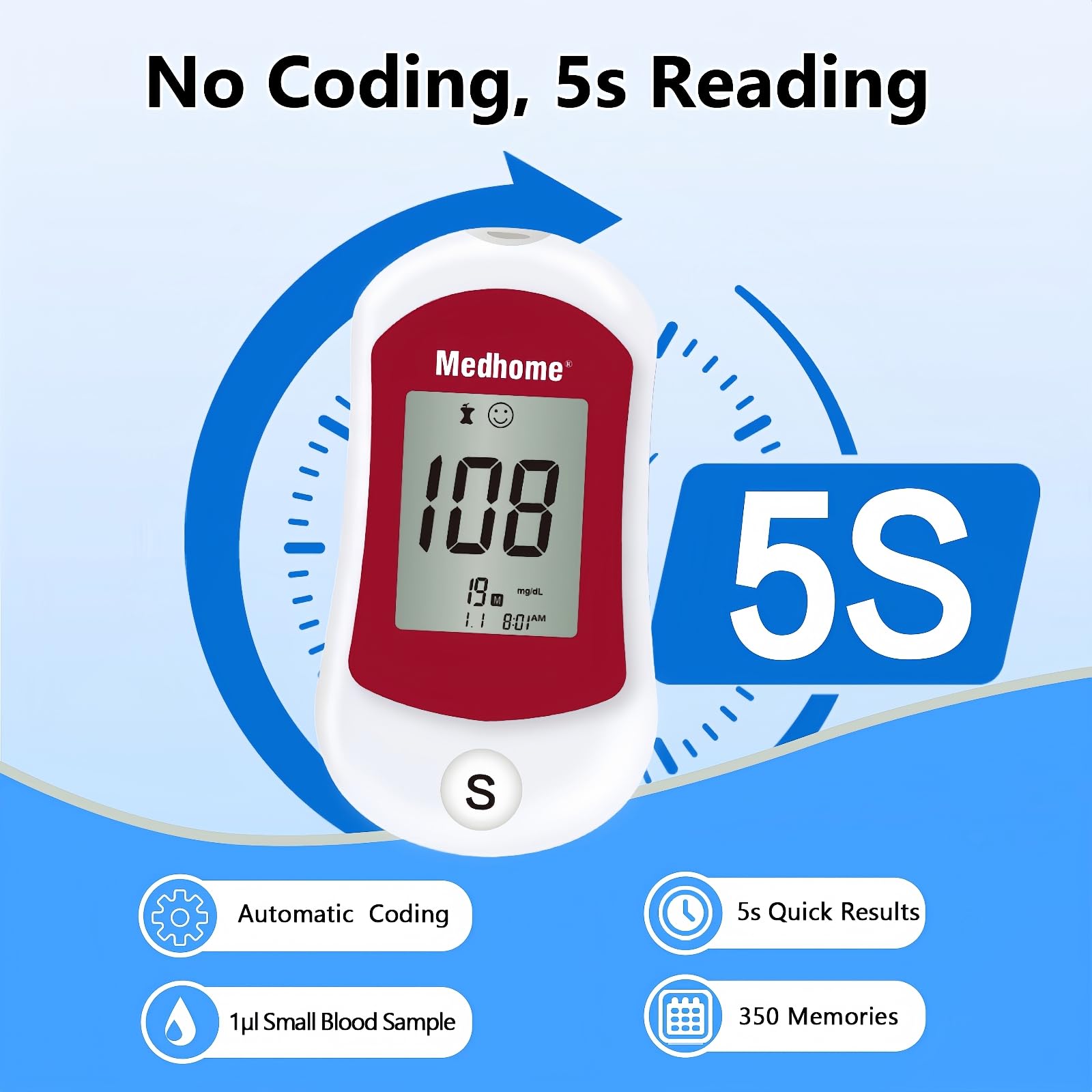 Blood Glucose Monitor Kit, Diabetes Testing with 100 Glucometer Strips,100 30G Lancets, 1 Lancing Device, 1 Blood Sugar Monitor with Control Solution, Large Menory Capacity, No Coding.