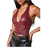 MakeMeChic Women's PU Leather Lace Up Halter Tops Backless Split Hem Y2K Going Out Top