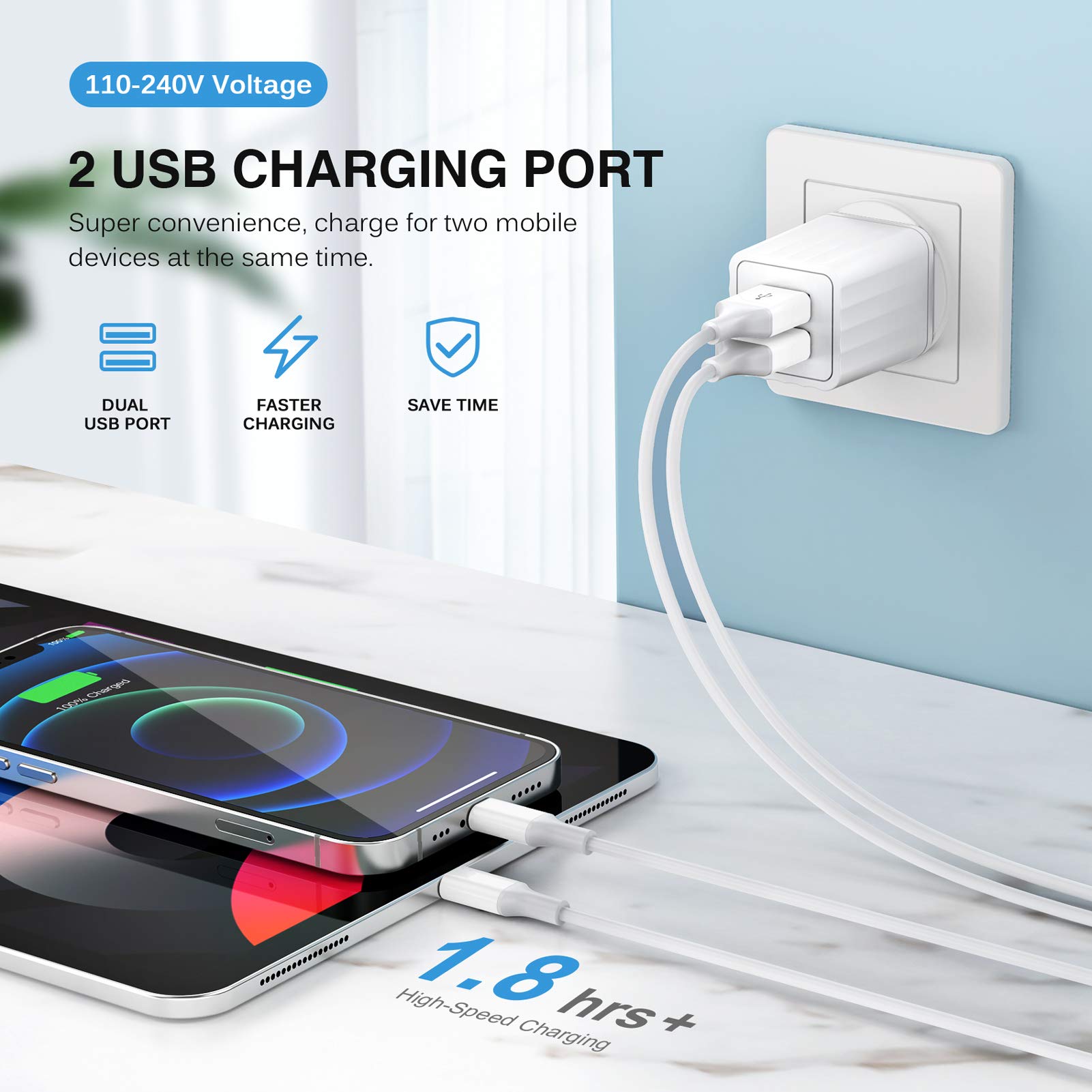 iPhone Charger,[Apple MFi Certified] Fast iPhone Charger 2PACK 6FT Lightning Cable Cord Fast Charging Dual 2 Port Plug USB Wall Charger Compatible with iPhone 14 13 12 11 Pro Max XS XR X 8 Plus 7 iPad