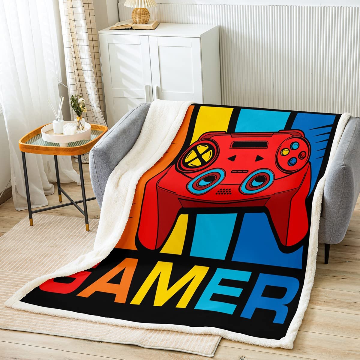 Loussiesd Gamepad Sherpa Throw Blanket Video Game Youth Boys Girls Fleece Blanket for Sofa Gamer Plush Blanket Modern Video Game Controller Room Decor,40x50 Inch