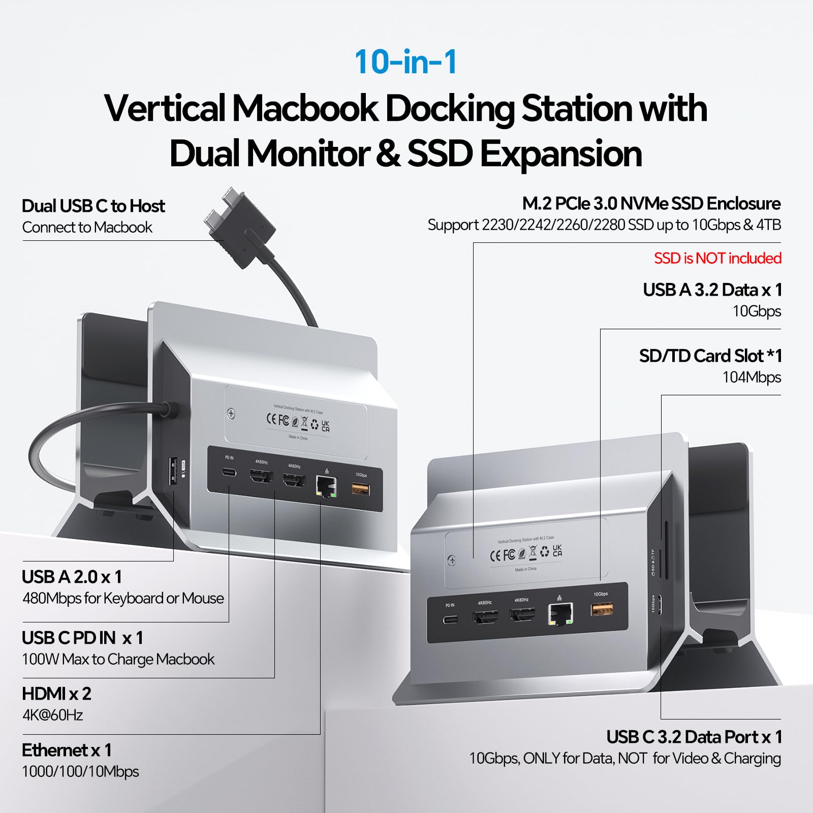 MacBook Dockingstation für Dual Monitore, Dual USB-C Laptop Docking Station mit 2 HDMI 4K@60Hz, USB A/C 10 Gbit/s, Ethernet, NVMe SSD Gehäuse, SD/TF Vertical Dock Ständer für MacBook Air/Pro M3 M4 M5 2