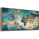 Large World Map Canvas Prints Framed Wall Art for Living Room Office 24x48 Green World Map Picture Artwork Decor for Home Decoration(With Soild Wood Dark Framed)