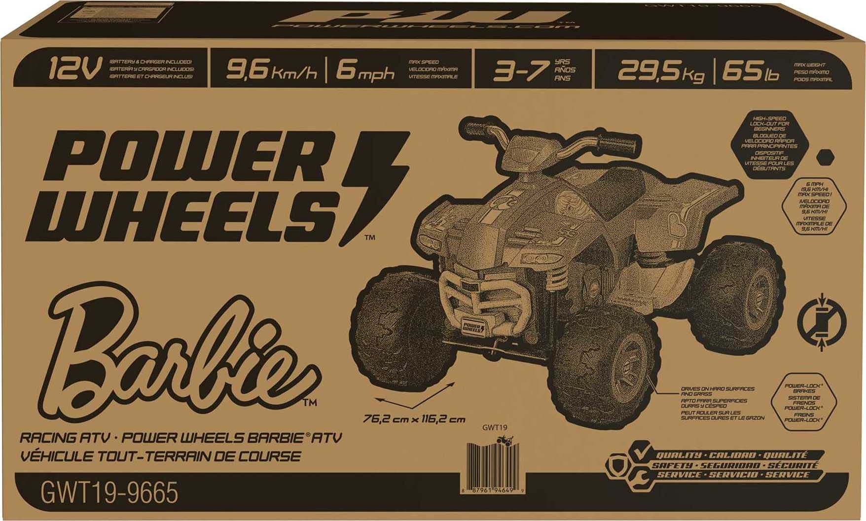 Power Wheels Barbie Pink Racing ATV, 12-V battery powered ride-on vehicle for preschool kids ages 3-7 years