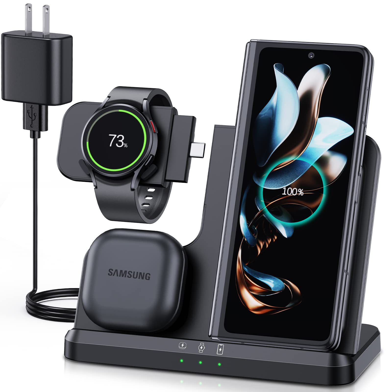 Wireless Charger for Samsung, Metmoon 3 in 1 Samsung Charging Station for Galaxy S23 S22 S21 S20 Ultra Plus/Z Flip Fold 5 4 3/Note 20, Galaxy Watch 5 Pro/5/4/3/Active 2/1, Buds+/Pro/Live(With Adapter)